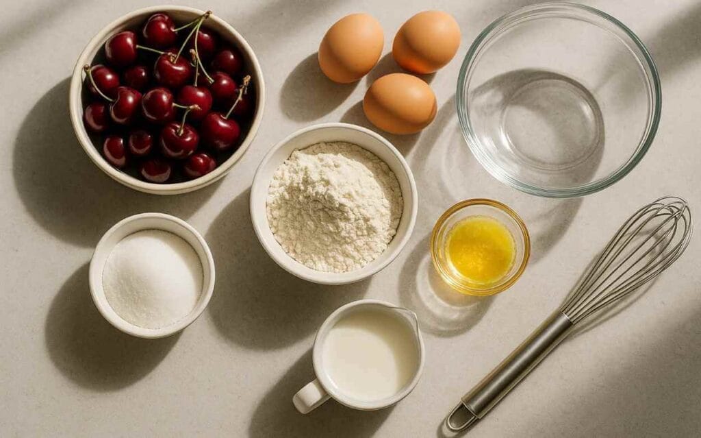 Ingrédients frais pour la préparation d’un clafoutis aux cerises : cerises rouges, œufs, farine, sucre, lait, beurre fondu, fouet et bol en verre sur un plan de travail clair avec lumière naturelle.