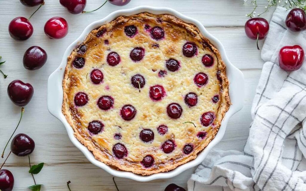 Clafoutis aux cerises frais et doré dans un plat blanc rond, entouré de cerises rouges fraîches sur une table en bois clair avec un torchon blanc à carreaux.