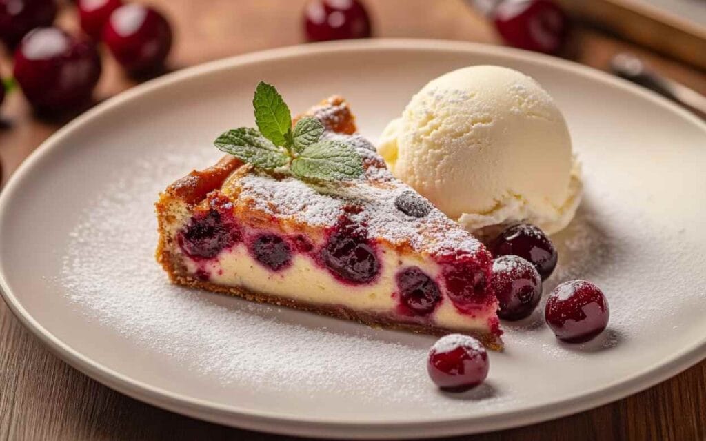 Part de clafoutis aux cerises moelleux saupoudrée de sucre glace, accompagnée d’une boule de glace vanille et décorée d’une feuille de menthe fraîche.