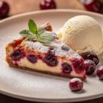 Part de clafoutis aux cerises moelleux saupoudrée de sucre glace, accompagnée d’une boule de glace vanille et décorée d’une feuille de menthe fraîche.