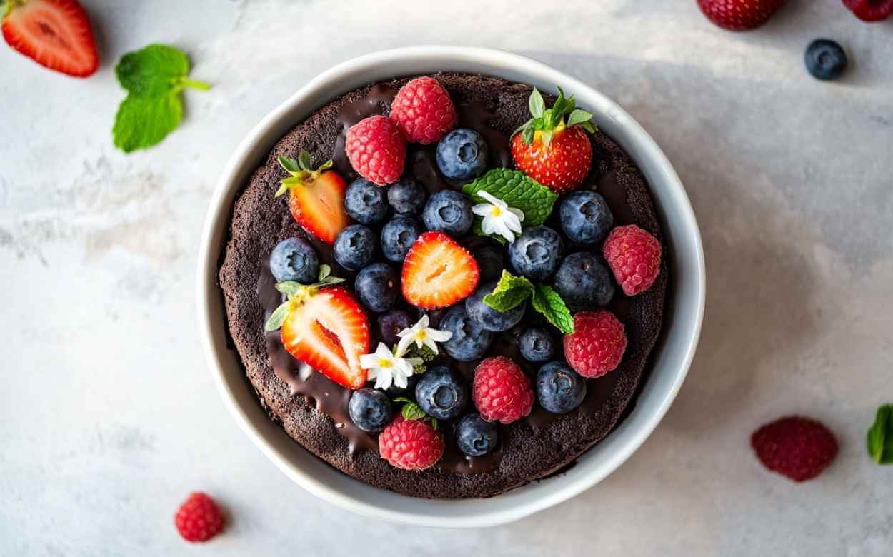 Bowl cake au chocolat garni de myrtilles, framboises, fraises, feuilles de menthe et petites fleurs blanches, présenté dans un bol blanc sur une surface claire.