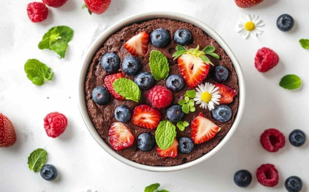 Bowl cake au chocolat garni de fraises, myrtilles, framboises, feuilles de menthe et fleurs comestibles, présenté dans un bol blanc sur une surface claire.