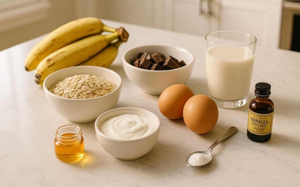Ingrédients frais pour un bowl cake disposés sur un plan de travail en marbre : bananes, flocons d’avoine, œufs, morceaux de chocolat noir, yaourt nature, verre de lait, miel, levure chimique en cuillère et extrait de vanille.