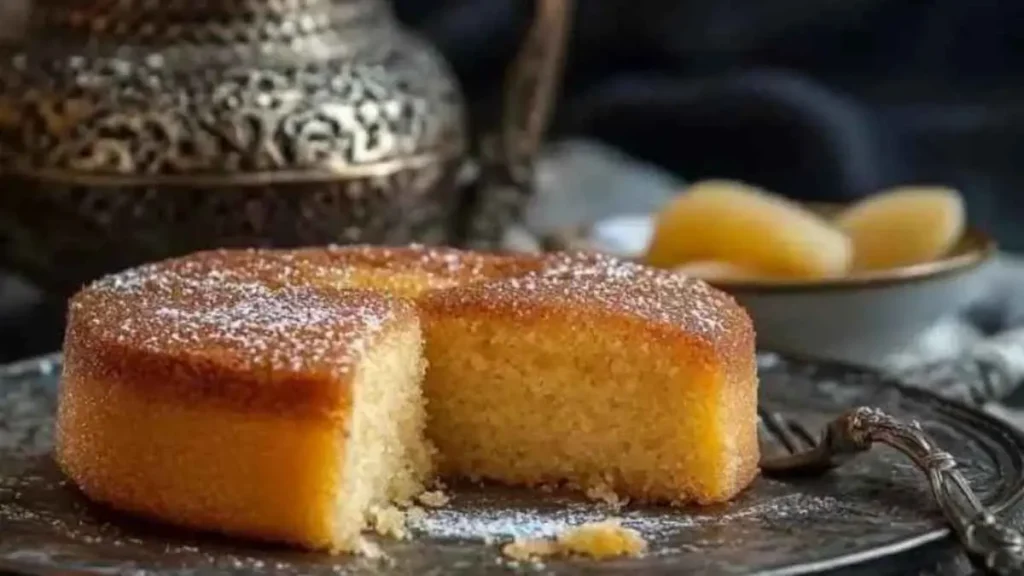 Gâteau de semoule moelleux, décoré de sucre glace, avec une portion coupée, posé sur un plateau en métal avec un thé marocain et des fruits en arrière-plan
