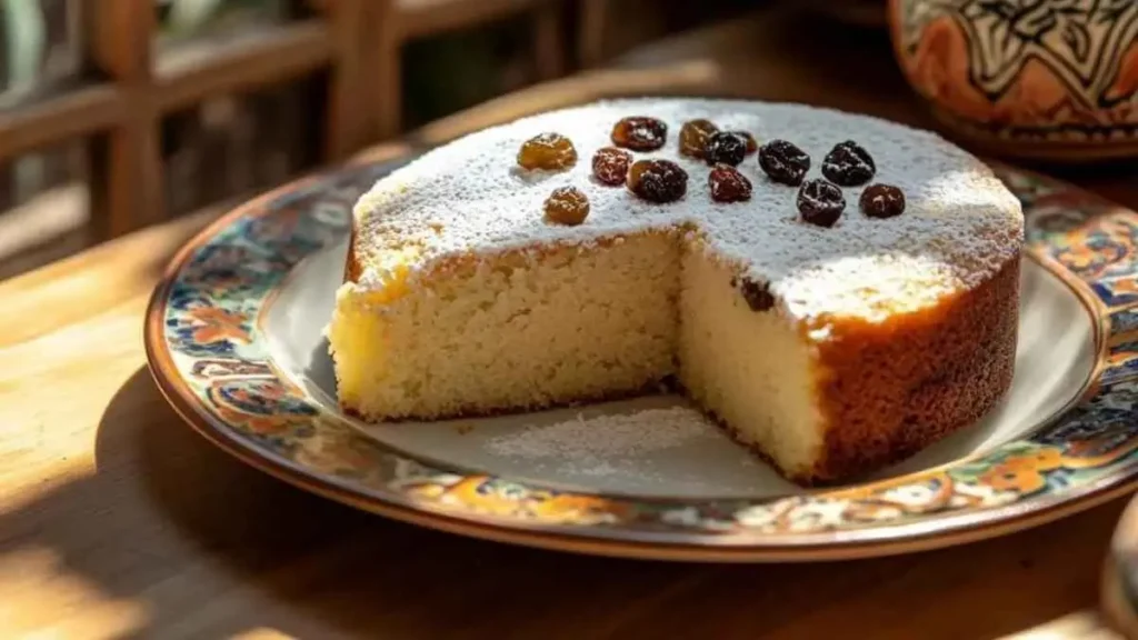 Un gâteau de semoule moelleux avec une portion découpée, décoré de raisins secs et saupoudré de sucre glace, posé sur une assiette marocaine colorée, avec des éléments de décoration traditionnels en arrière-plan