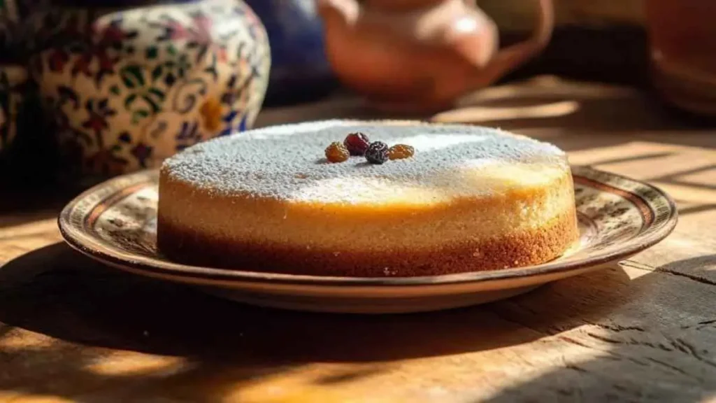 Gâteau de semoule moelleux sur une assiette marocaine, décoré de raisins secs et saupoudré de sucre glace, avec une cuisine marocaine ensoleillée en arrière-plan