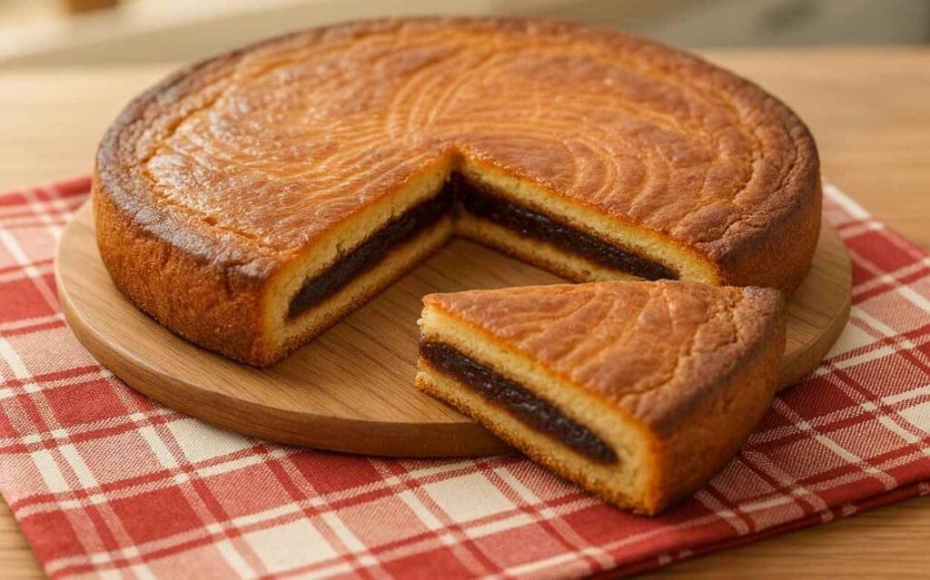 Gâteau basque à la cerise coupé, posé sur un torchon rouge à carreaux dans une cuisine ensoleillée, avec une part mise en avant.