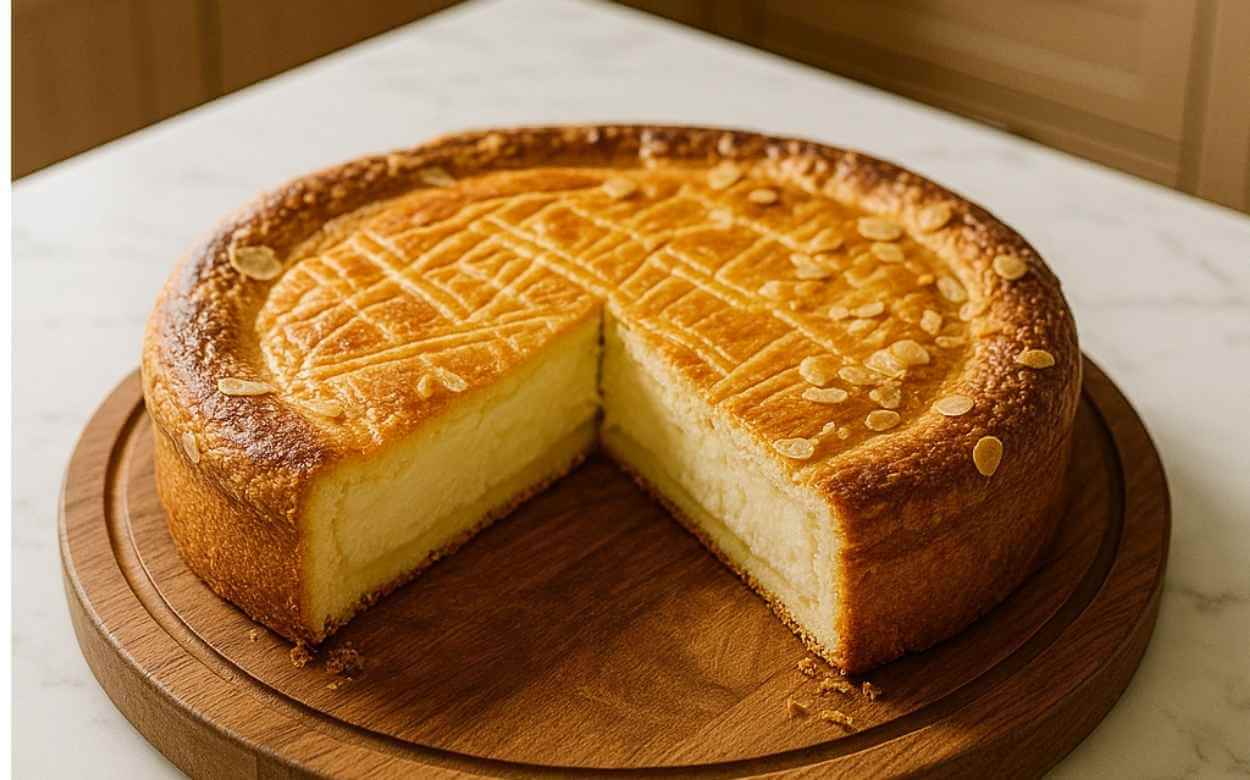 Gâteau basque à la crème pâtissière, doré et décoré d’amandes effilées, coupé pour révéler sa garniture crémeuse, posé sur une planche en bois dans une cuisine lumineuse.