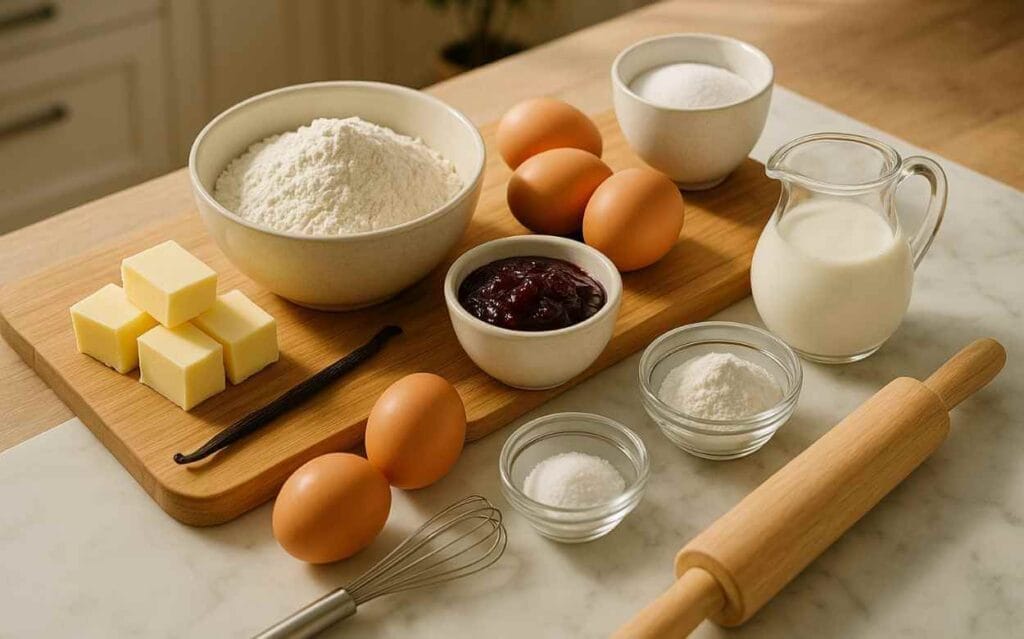Ingrédients frais et préparés pour un gâteau basque à la cerise, disposés soigneusement sur une planche en bois et un plan de travail en marbre dans une cuisine moderne.