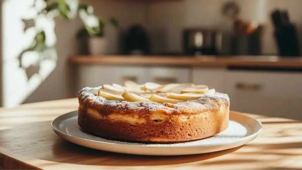 Gâteau aux pommes avec des tranches de pommes disposées sur le dessus, saupoudré de sucre glace, sur un plat dans une cuisine ensoleillée