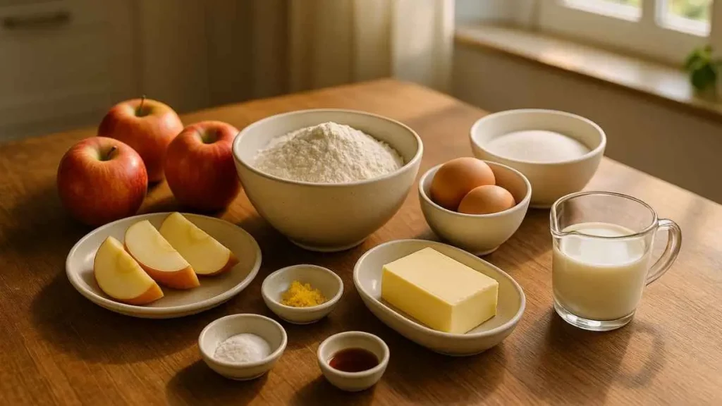 Ingrédients du gâteau aux pommes disposés sur une table en bois : pommes rouges entières et coupées, farine, sucre, œufs, beurre, lait, levure, zeste de citron et vanille.