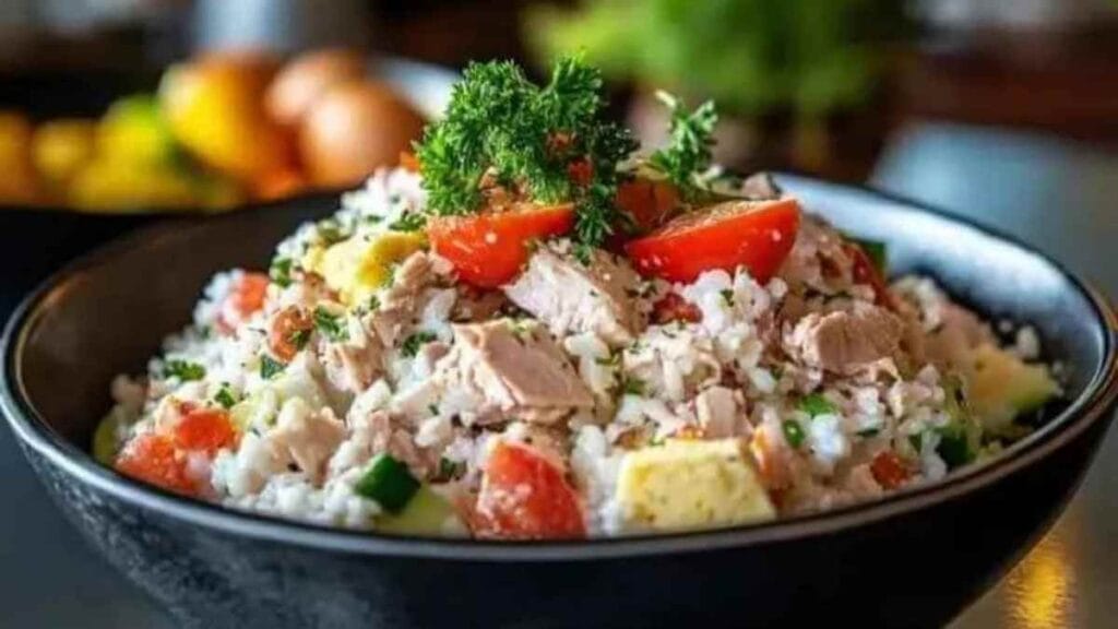 Salade de riz avec morceaux de thon, légumes frais comme des tomates et des concombres, garnie de persil frais.