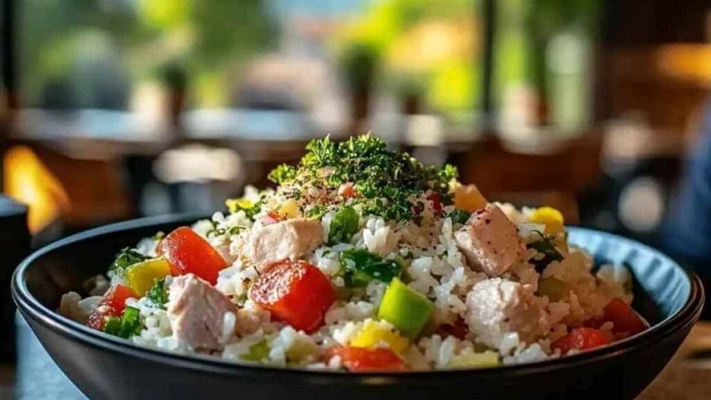 Salade de riz avec légumes frais, morceaux de poulet et herbes, servie dans un bol noir.
