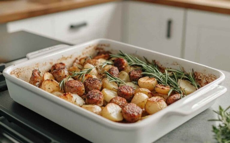 Plat de figatelli et pommes de terre rôties au four, garnis de branches de romarin frais dans un plat en céramique blanche.