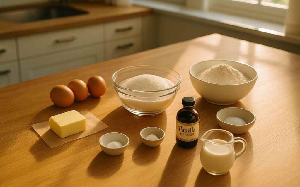 Ingrédients pour madeleines maison : œufs, sucre, beurre, farine, levure, lait, extrait de vanille et sel, disposés sur un plan de travail en bois dans une cuisine ensoleillée.