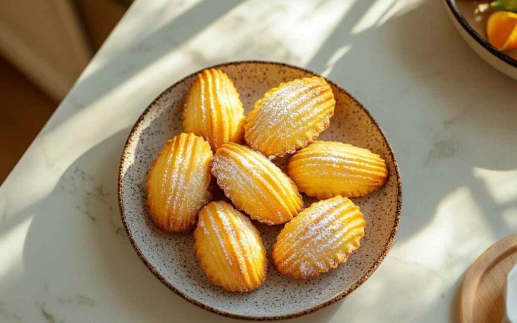 Madeleines dorées saupoudrées de sucre glace sur une assiette en céramique, baignées de lumière naturelle."
