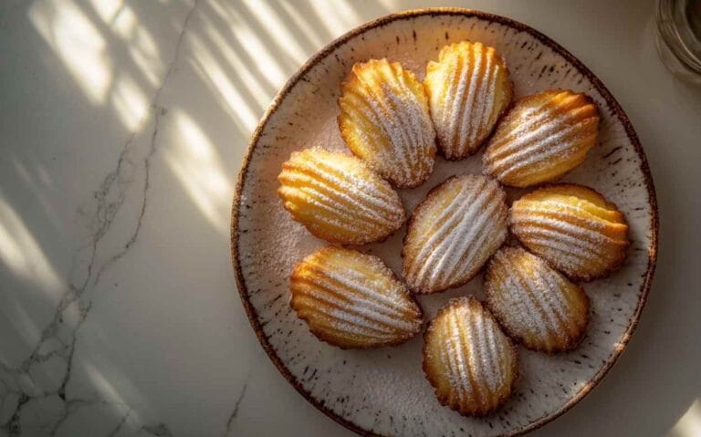 Madeleines dorées en forme de coquillage disposées en cercle sur une assiette en céramique, saupoudrées de sucre glace."