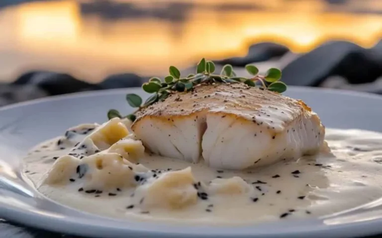 Filet de Lieu Noir servi avec une sauce crémeuse, des pommes de terre et un peu de thym, avec un arrière-plan naturel et lumineux