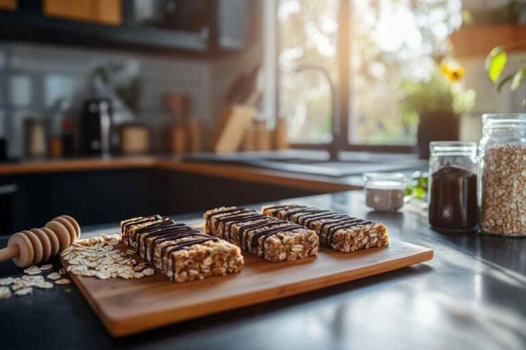 Barres protéinées maison sur un plan de travail de cuisine moderne avec des ingrédients comme des flocons d’avoine et du miel, avec un enrobage de chocolat, dans une ambiance lumineuse et ensoleillée.