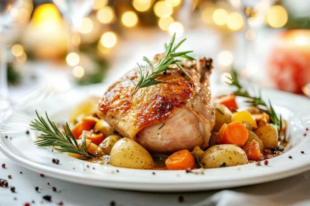 Cuisse de pintade rôtie servie avec des légumes de saison, notamment des pommes de terre et des carottes, garnie de romarin frais, dans un cadre élégant avec une ambiance chaleureuse.