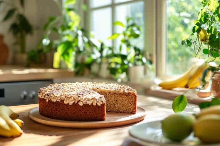 Gâteau aux Protéines fait maison avec flocons d'avoine, banane et ingrédients sains, servi dans une cuisine moderne avec des plantes et de la lumière naturelle