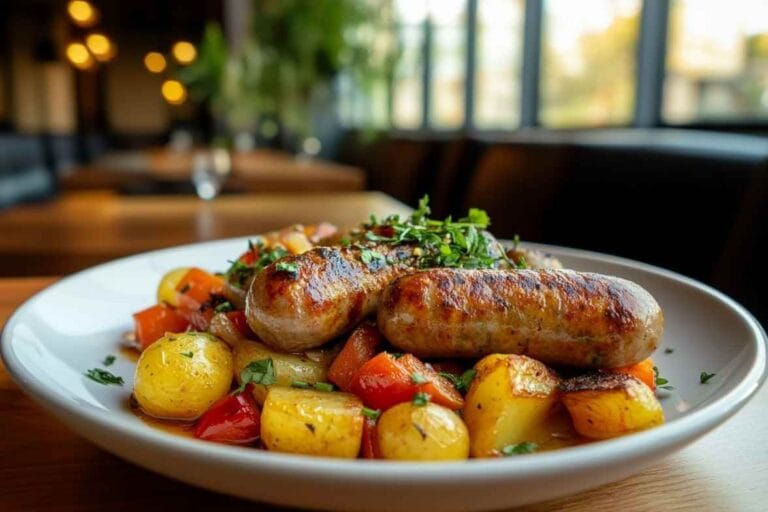 Saucisses de Toulouse dorées accompagnées de pommes de terre et légumes colorés dans une assiette moderne, avec un arrière-plan lumineux de restaurant.