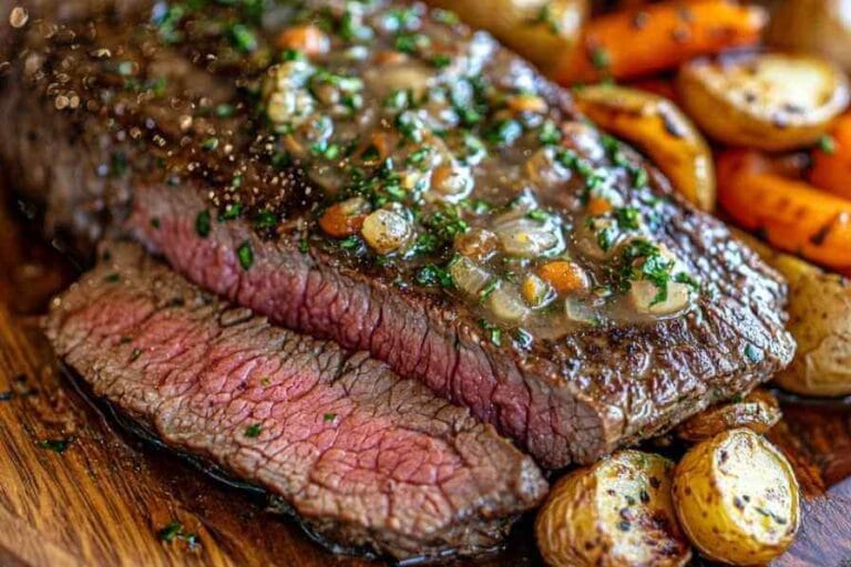 Bavette de boeuf avec sauce aux échalotes, pommes de terre rôties et carottes.
