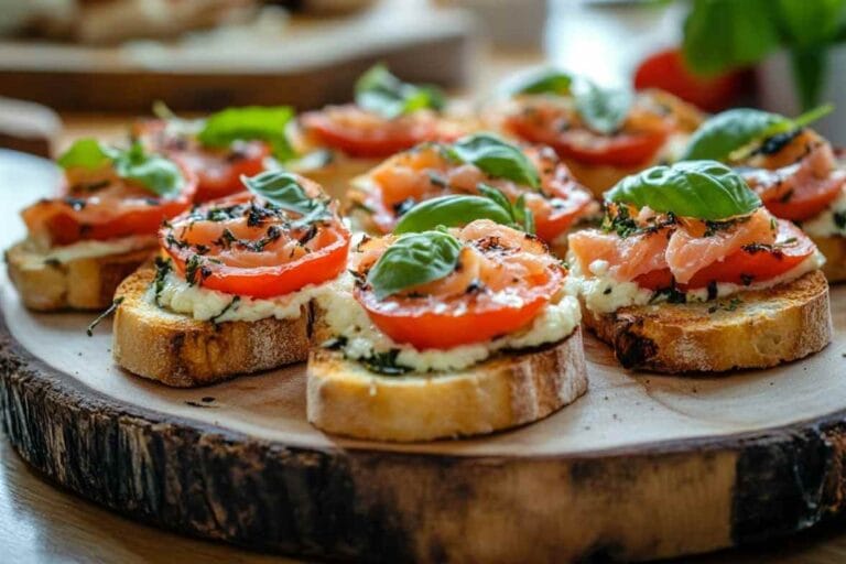 Bruschetta au saumon et tomates fraîches, garnie de feuilles de basilic et de fines herbes sur un plateau en bois.