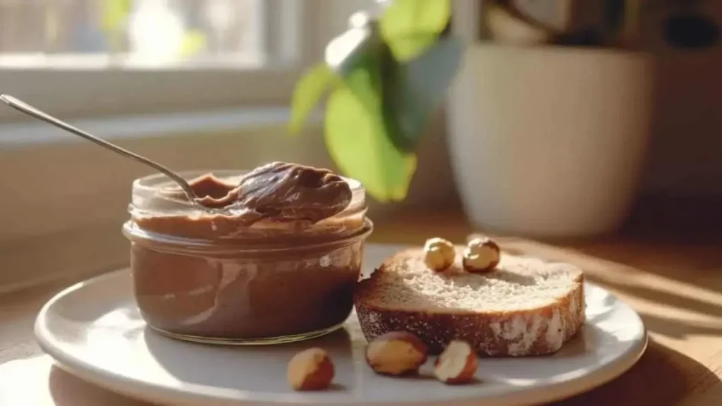 Un pot de pâte à tartiner maison avec une cuillère, posé sur une assiette à côté de tranches de pain et de noisettes, dans une cuisine ensoleillée.