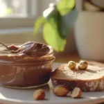 Un pot de pâte à tartiner maison avec une cuillère, posé sur une assiette à côté de tranches de pain et de noisettes, dans une cuisine ensoleillée.