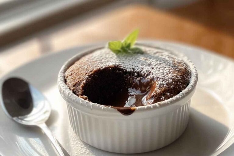 Fondant au chocolat cœur coulant avec un centre chocolaté et une garniture de menthe, servi dans un ramequin.