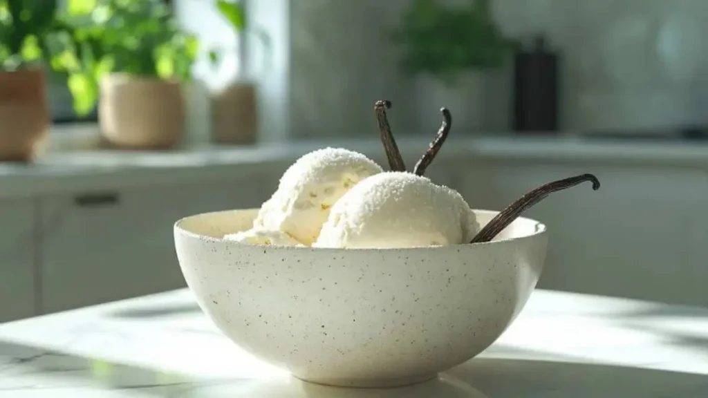 Glace à la vanille servie dans un bol moderne, décorée de gousses de vanille et d'une légère poudre de sucre.