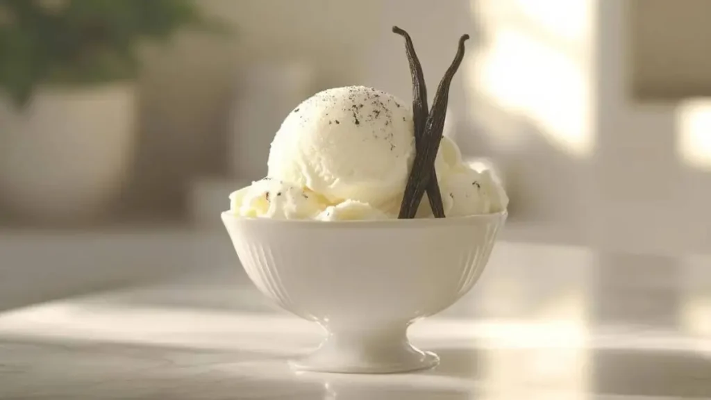 Glace à la vanille crémeuse servie dans un bol élégant, garnie de gousses de vanille et d'une légère poudre de vanille.