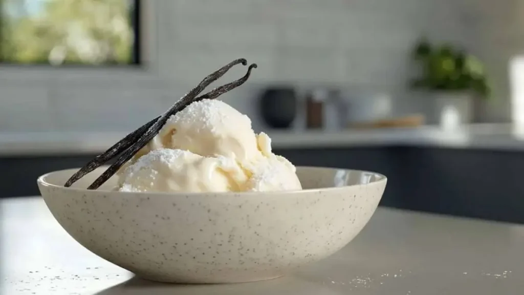 Glace à la vanille servie dans un bol moderne avec des gousses de vanille et un léger saupoudrage de sucre, sur fond de cuisine lumineuse.