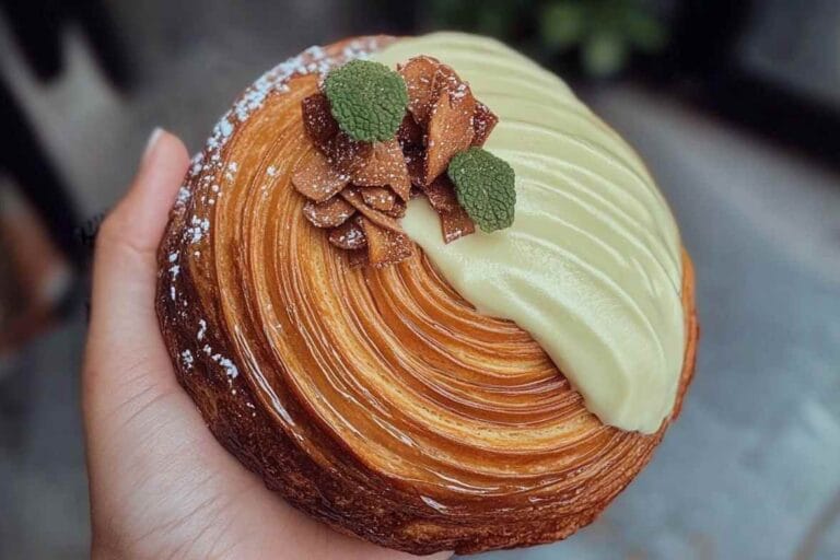 Un délicieux New York Roll avec une garniture crémeuse, des morceaux croquants de pâte caramélisée et une touche de menthe, pris en main.