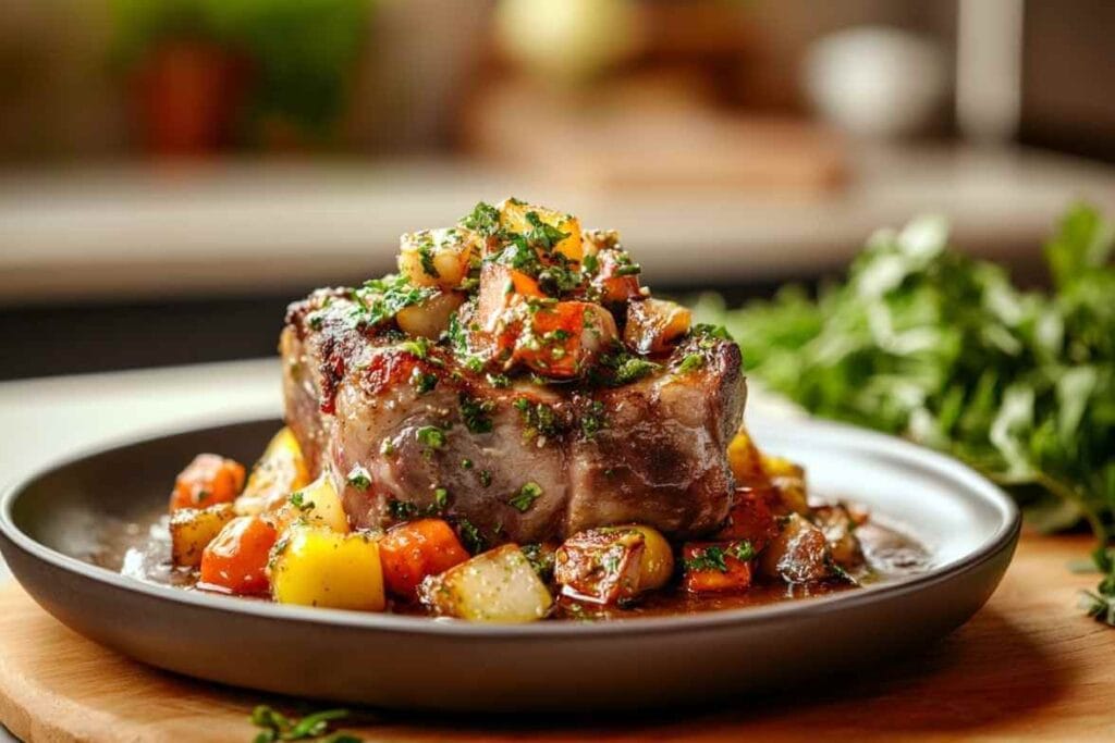 Osso Bucco de Porc servi avec des légumes rôtis et une garniture de gremolata dans une assiette noire, avec un arrière-plan flou d'une cuisine moderne