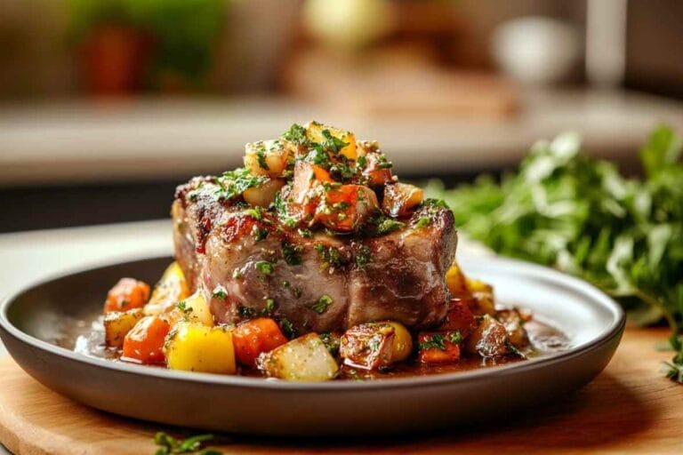 Osso Bucco de Porc servi avec des légumes rôtis et une garniture de gremolata dans une assiette noire, avec un arrière-plan flou d'une cuisine moderne