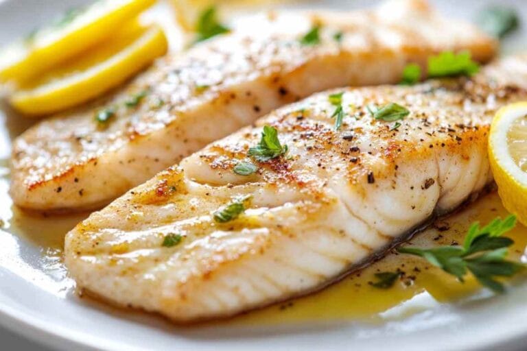 Filets de merlan grillés, garnis de citron et de fines herbes, avec une sauce légère au beurre.