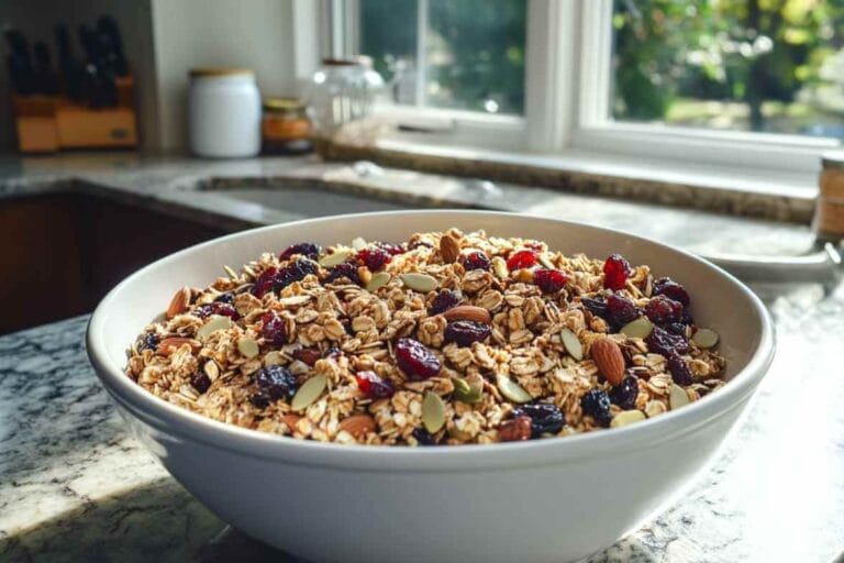Bol de granola maison healthy avec des flocons d'avoine, des fruits secs et des graines, posé sur un comptoir de cuisine avec lumière naturelle entrant par la fenêtre.