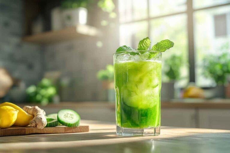 Un verre de jus détox frais, avec de la menthe, du concombre et du gingembre, servi dans une cuisine moderne et ensoleillée