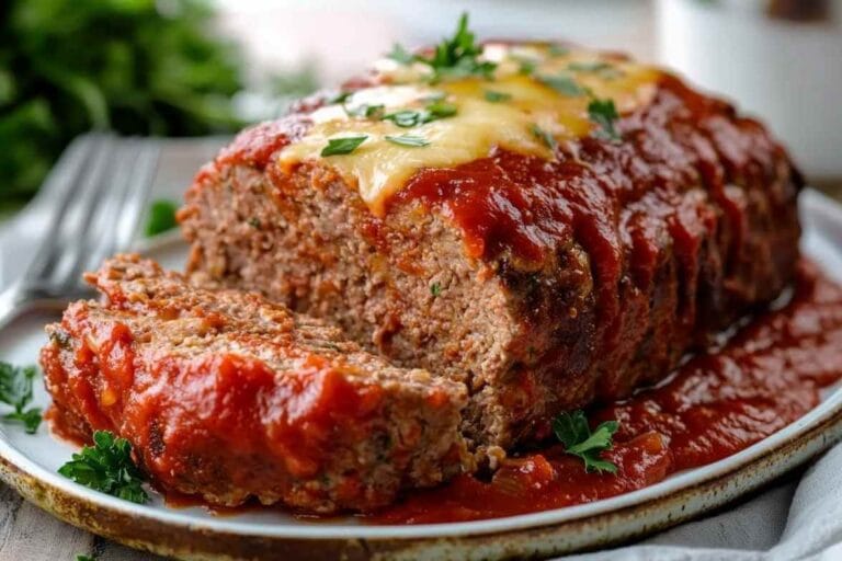 Pain de viande avec sauce tomate, fromage fondant sur le dessus et garniture de persil frais.