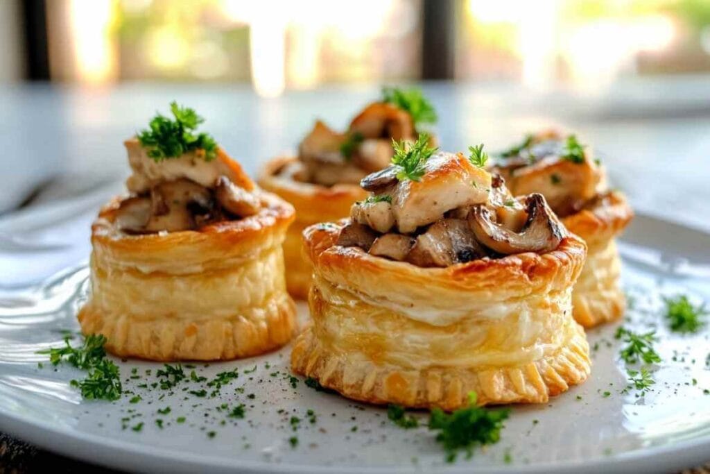 Vols au Vent dorés garnis de poulet et de champignons, présentés sur une assiette blanche avec une touche de persil frais.
