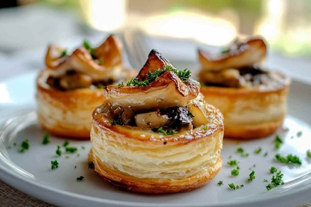 Vols au Vent garnis de champignons et de pâte feuilletée dorée, parsemés de persil frais, sur une assiette blanche.