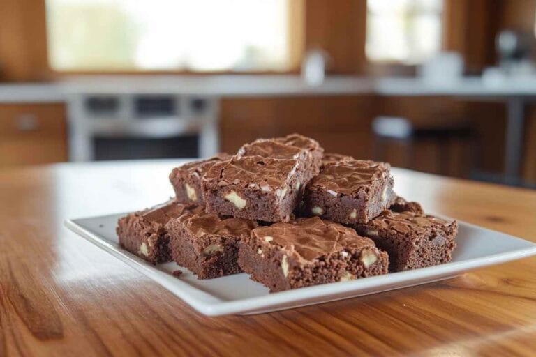 "Brownies au chocolat avec des morceaux de noix, servis sur un plat blanc."