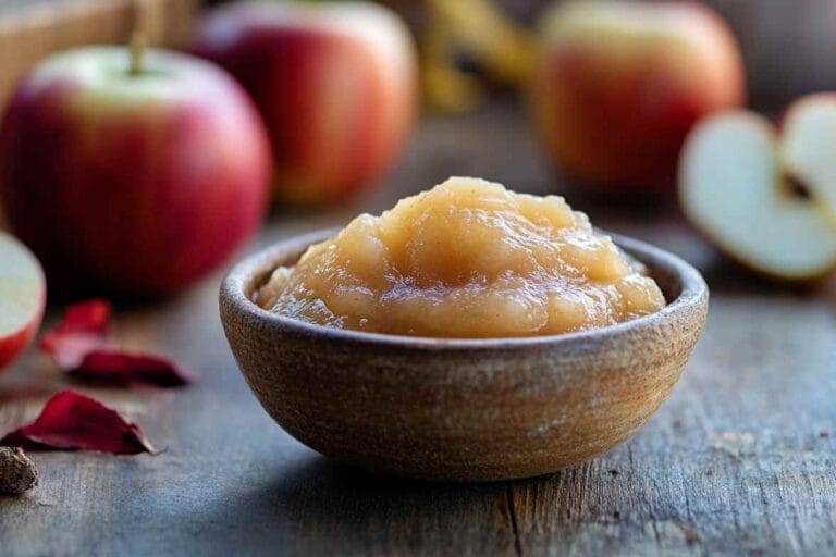 Un bol en bois rempli de compote de pomme, posé sur une table en bois, avec plusieurs pommes rouges entières et en quartiers en arrière-plan.