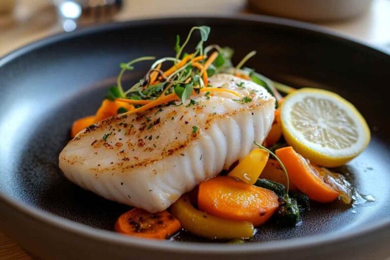 Filet d’églefin grillé accompagné de légumes colorés et d'une tranche de citron.