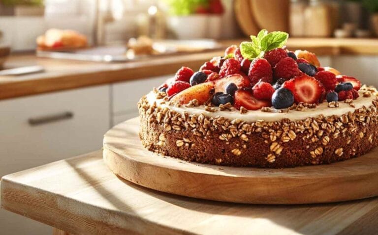 Gâteau diabétique avec fruits frais et noix, décoré et présenté sur un support en bois dans une cuisine moderne et lumineuse.