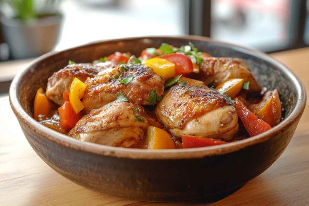 Poulet basquaise cuit avec des légumes colorés, poivrons et tomates, servi dans un plat en terre cuite