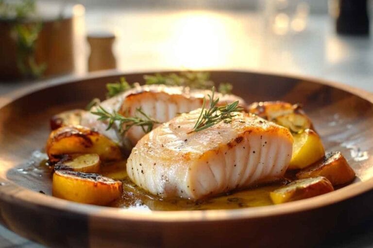 Filets de congre grillés avec des pommes de terre rôties et des herbes fraîches, capturés dans une lumière douce.