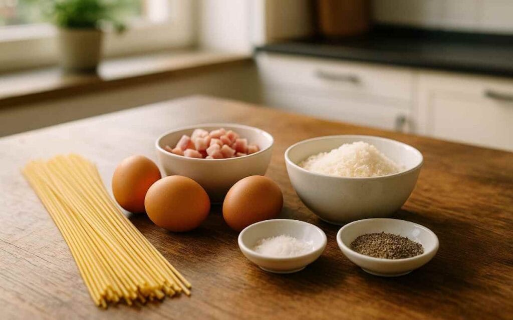 Ingrédients pour sauce carbonara maison : spaghetti crus, œufs, dés de pancetta, parmesan râpé, sel et poivre noir dans des bols blancs sur un plan de travail en bois